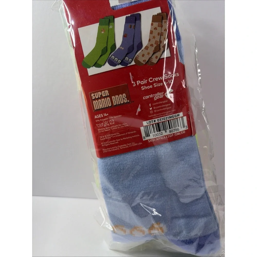 Super Mario Bros Controller Gr - 3 Pair Crew Socks (Size 6-10) NEW shipped FREE